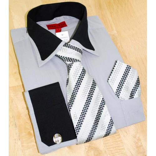 Jean Paul Silver Grey/Black Shirt/Tie/Hanky Set JPS-20